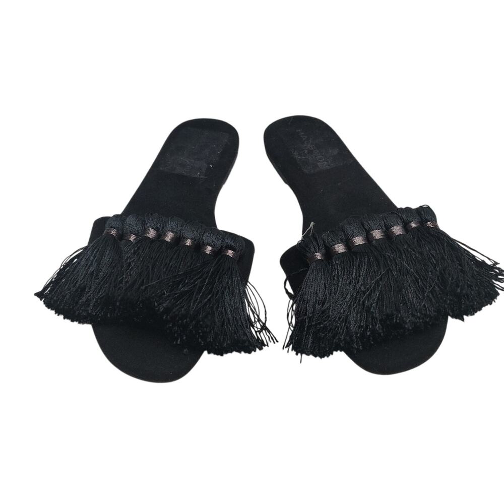 Black fringe sandals by Halston heritage sz 5.5